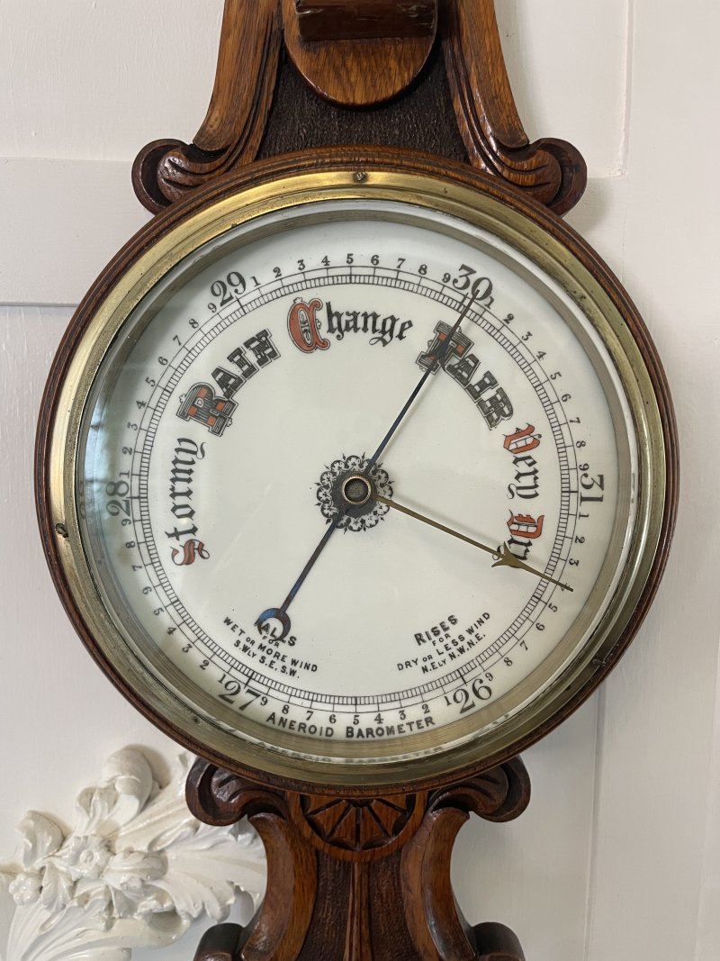 Antique Victorian Quality Carved Oak Banjo Barometer - Image 3